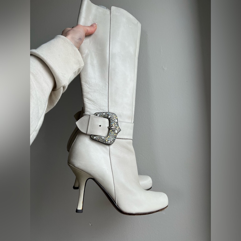 Donald J. Pliner Cream Heeled Boots with Buckle